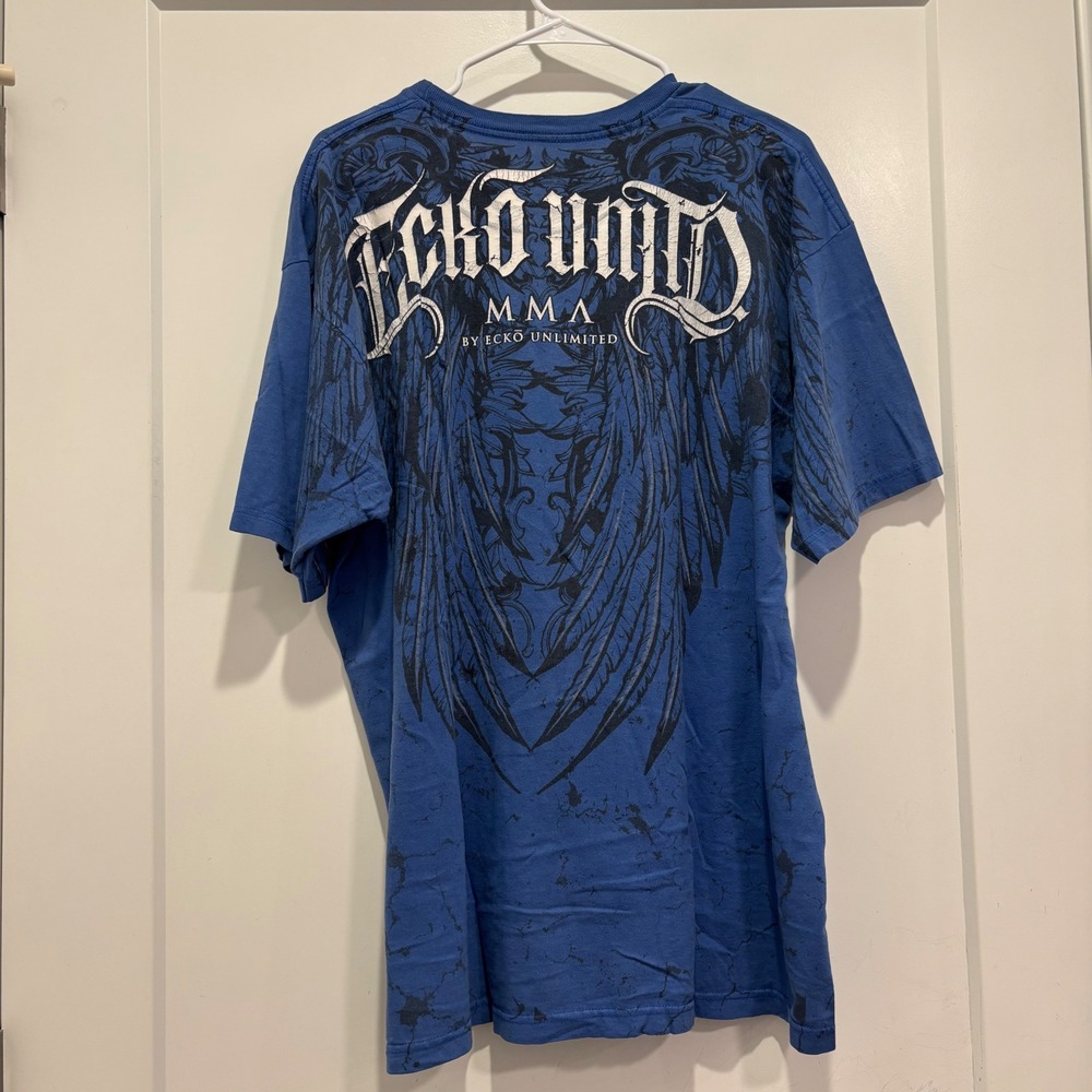 Ecko Unltd MMA T Shirt Mens XL Blue Graphic Rhino Wings Distressed Streetwear